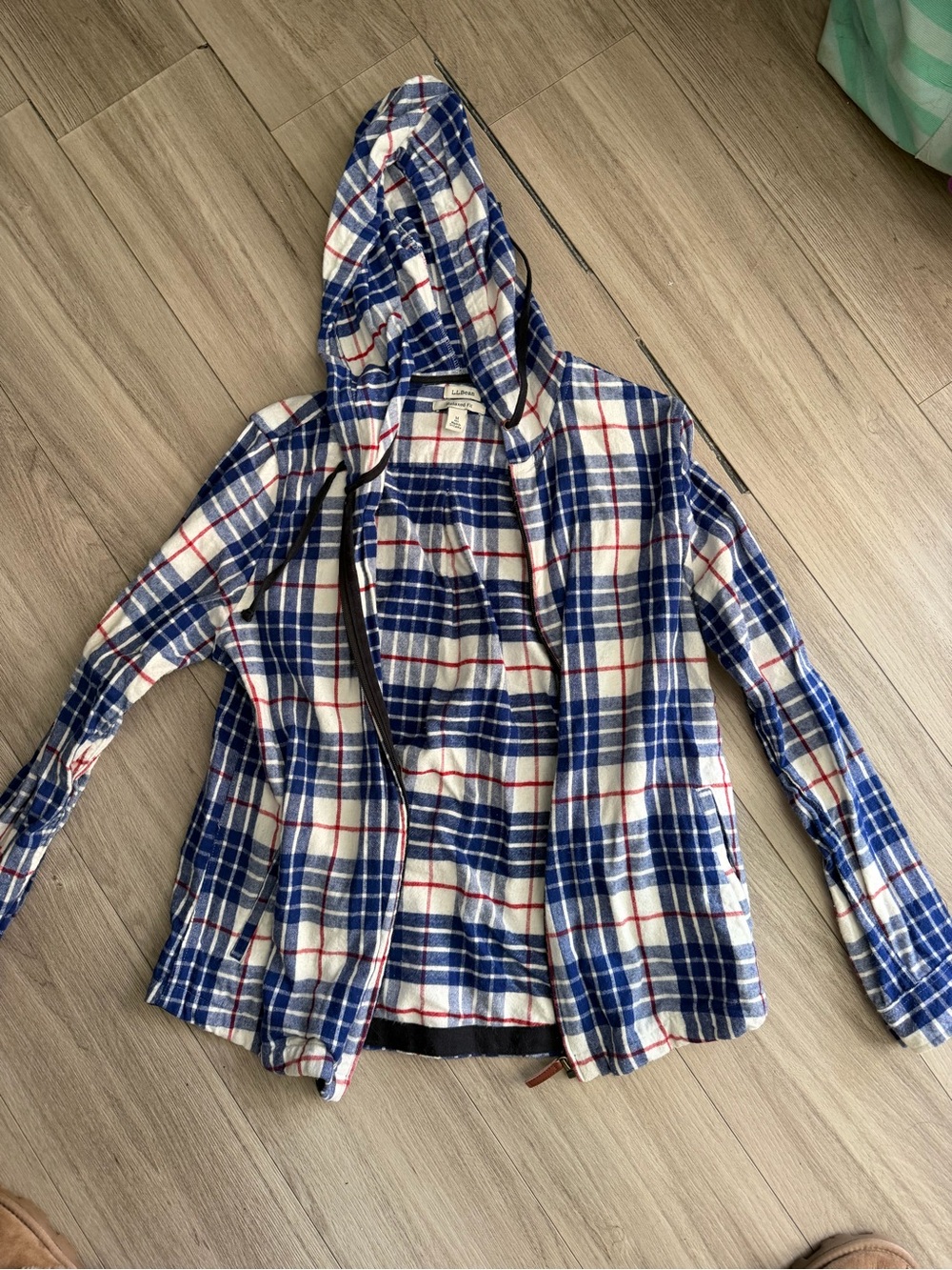 L.L. Bean Hooded Plaid Utility Jacket - Blue, White & Red
